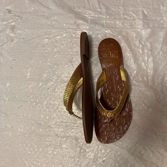 Tory Burch Gold Snake-print Leather Upper Flip Flop Sandals - Picture 2 of 7